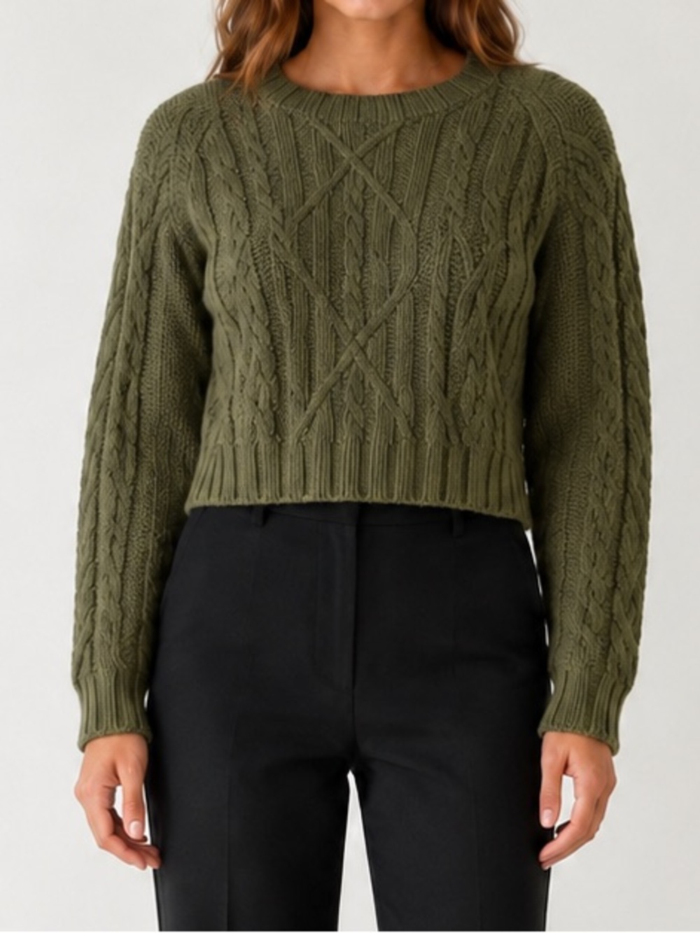 By Egreis Back-Tied Olive Green Chunky Cable Knit Cropped Sweater Size S